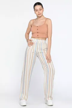 Şerit Desenli Salaş Yazlık Kadın Yüksek Bel Pantolon Taş