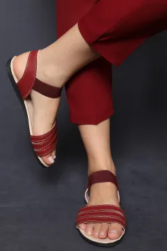 Şeritli Kadın Sandalet Bordo