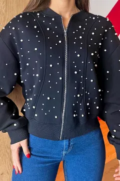 Şık Tasarımlı İncili Şardonlu Crop Top Sweatshirt Lacivert
