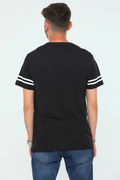 Erkek Likralı Bisiklet Yaka Baskılı T-shirt Siyah