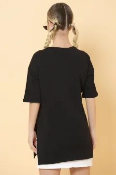 Kadın Bisiklet Yaka Yan Yırtmaçlı Uzun Basic T-shirt Siyah