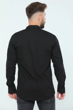Erkek Likralı Çift Cepli Uzun Kollu Gömlek Siyah