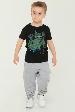 Erkek Çocuk Likralı Bisiklet Yaka Baskılı T-shirt Siyah