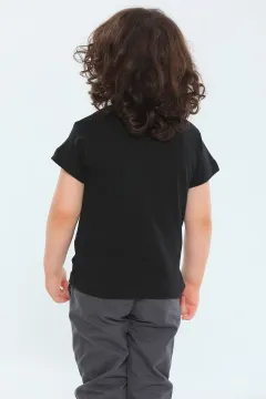 Erkek Çocuk Likralı Bisiklet Yaka Baskılı T-shirt Siyah