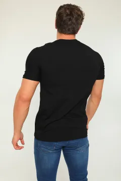 Erkek Full Likralı Bisiklet Yaka Baskılı T-shirt Siyah