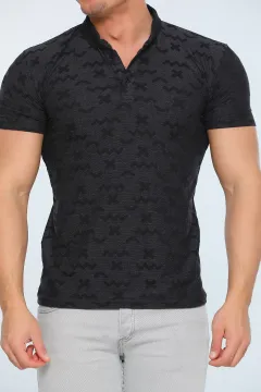 Erkek Likralı Polo Yaka Desenli T-shirt Siyah