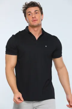 Erkek Likralı Polo Yaka Kol Lastikli T-shirt Siyah
