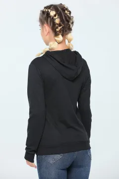 Kadın Likralı Kapüşonlu Slim Fit Basıc Sweatshirt Siyah