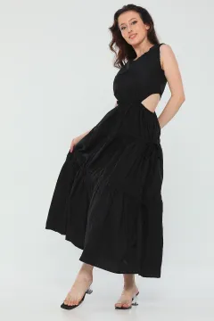 Kadın Bel Dekolteli Eteği Bağcık Detaylı Sıfır Kol Yazlık Elbise Siyah