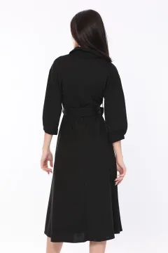 Kadın Boydan Düğmeli Midi Boy Elbise Siyah