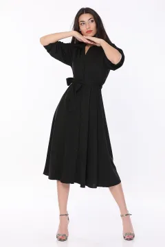 Kadın Boydan Düğmeli Midi Boy Elbise Siyah