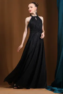 Kadın Boyun Detaylı İç Astarlı Işıltılı Uzun Tül Abiye Elbise Siyah