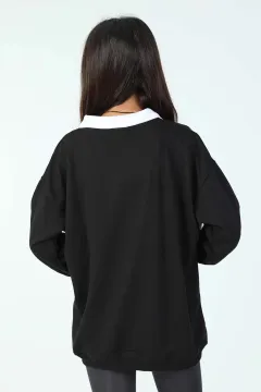 Kadın Gömlek Yaka Baskılı Oversize Sweatshirt Siyah
