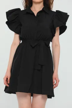 Kadın Gömlek Yaka Kol Volanlı Yazlık Mini Elbise Siyah