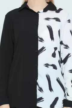 Kadın Hafif Dökümlü Uzun Kollu Baskılı Gömlek Siyah