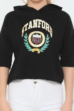 Kadın Kapüşonlu Kapri Kol Mevsimlik Spor Crop Sweatshirt Siyah