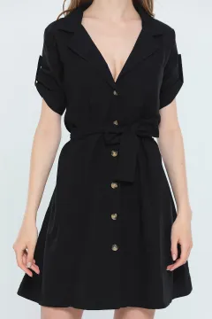 Kadın Kruvaze Yaka Kısa Kollu Salaş Mini Elbise Siyah