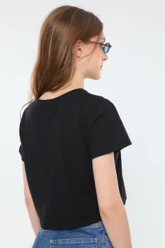 Kadın Likralı Bisiklet Yaka Baskılı Crop T-shirt Siyah