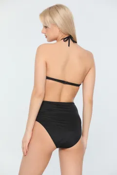 Kadın Likralı Süper Yüksek Bel Boyundan Bağlamalı Hafif Destekli Desenli Bikini Takım Siyah