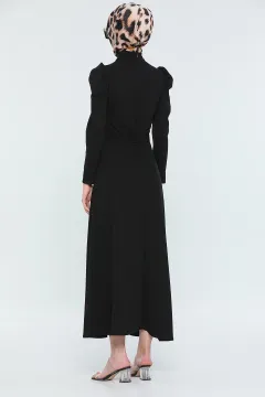 Kadın Modest Balıkçı Yaka Prenses Kol Tesettür Elbise Siyah