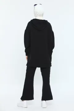Kadın Modest Kapüşonlu Salaş Tunik Pantolon Tesettür İkili Takım Siyah