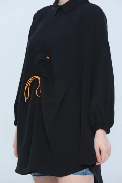 Kadın Oversize Önü Kolları Büzgülü Gömlek Tunik Siyah