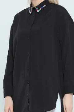 Kadın Yaka Taş Detaylı Gömlek Tunik Siyah