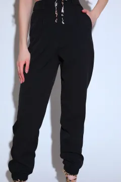 Kadın Yüksek Bel Paça Lastikli Cepli Kumaş Pantolon Siyah