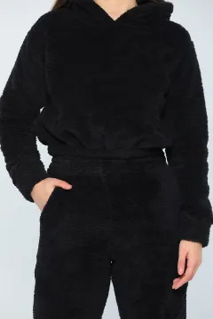 Kadın Likralı Kapüşonlu Crop Polar İkili Takım Siyah