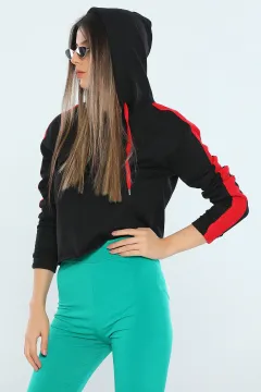 Kadın Likralı Kapüşonlu Şeritli Crop Sweatshirt Siyah