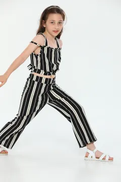 Kız Çocuk Likralı Askılı Çizgili Bel Bağlamalı Bluz Pantolon İkili Takım Siyah