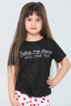Kız Çocuk Likralı Bisiklet Yaka Baskılı T-shirt Siyah