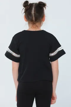 Kız Çocuk Likralı Bisiklet Yaka Kol Bel Detaylı T-shirt Siyah