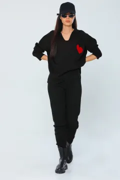 Polo Yaka Kalp Desenli Kadın Triko Takım Siyah