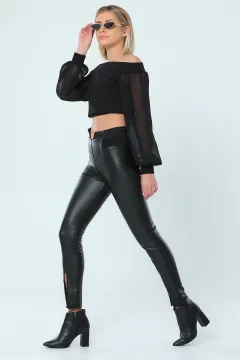 Kadın Şardonlu Paça Yırtmaçlı Deri Pantolon Siyah
