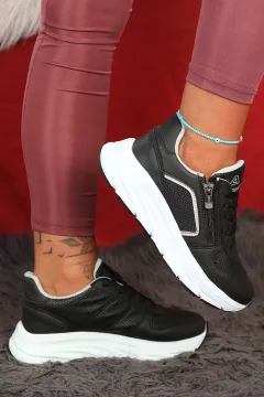 Kadın Bağcıklı Fermuarlı Yüksek Taban Spor Ayakkabı Siyahbeyaz