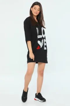 Kadın Oversize Likralı V Yaka Uzun T-shirt Tunik SiyahGri