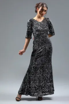 Kadın Pullu Kadife Ön Arka V Yaka Uzun Balık Abiye Elbise Siyahgümüş