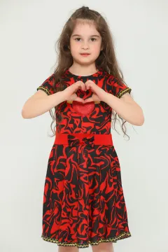 Kız Çocuk Likralı Bisiklet Yaka Kalpli Desenli Elbise Siyahkırmızı