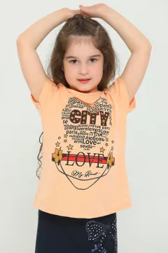 Kız Çocuk Likralı Bisiklet Yaka Baskılı T-shirt Somon