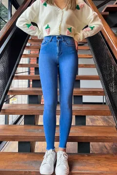Püskül Detaylı Likralı Yüksel Bel Dar Jean Kadın Kot Pantolon Mavi