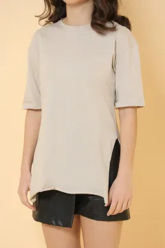 Kadın Bisiklet Yaka Yan Yırtmaçlı Uzun Basic T-shirt Taş