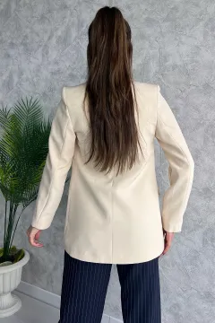 Taş Detaylı Astarlı Sahte Cepli Kadın Blazer Ceket Bej