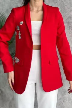 Taş Detaylı Astarlı Sahte Cepli Kadın Blazer Ceket Kırmızı