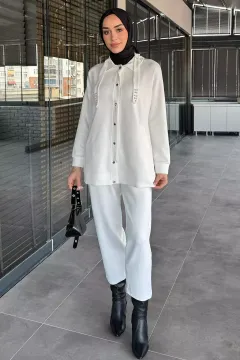 Taş Detaylı Çıtçıt Detaylı Tunik Pantolon Tesettür İkili Takım Krem