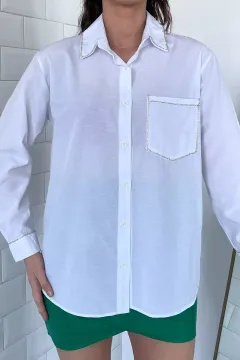 Taş İşlemeli Kadın Gömlek Beyaz