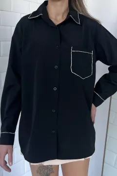 Taş İşlemeli Kadın Gömlek Siyah