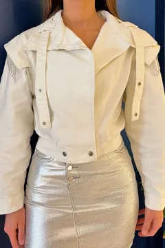 Taş İşlemeli Omuz Detaylı Çıtçıtlı Tasarım Kadın Jean Kot Ceket Beyaz