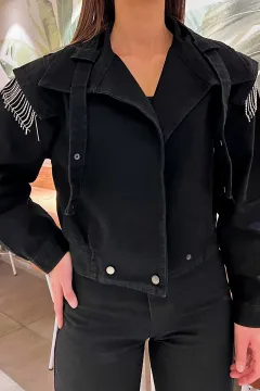 Taş İşlemeli Omuz Detaylı Çıtçıtlı Tasarım Kadın Jean Kot Ceket Siyah