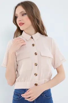 Kadın Kısa Kollu Yazlık Ayrobin Crop Gömlek Ceket Taş